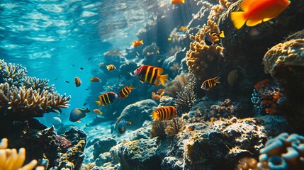 Vibrant marine life in a tropical coral reef, perfect for snorkeling and diving in the underwater world of an aquarium.
