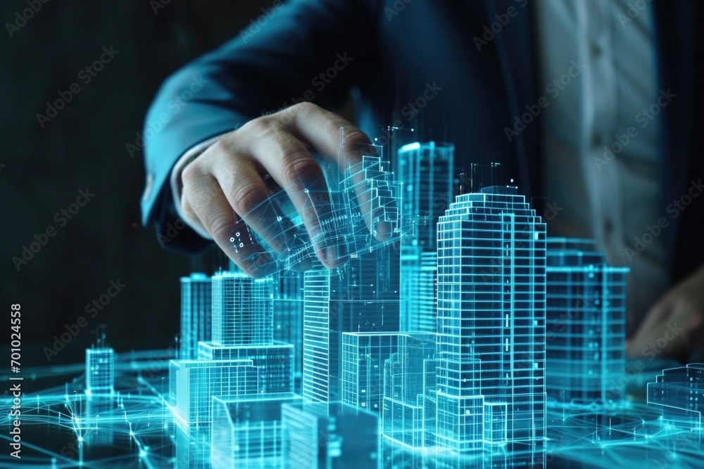 Poster a man in a suit standing and touching a futuristic city. suitable for technology, innovation, and ur