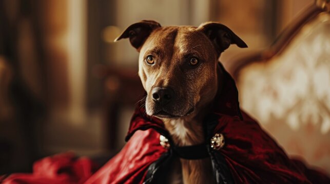 A brown dog is pictured wearing a red cape while sitting on a bed. This image can be used to depict a cute pet in a superhero costume or as a representation of comfort and relaxation