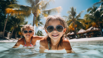 two happy children in glasses in the pool against the background of palm trees - obrazy, fototapety, plakaty