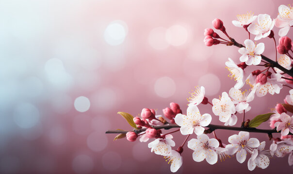 Cherry blossoms bloom against a soft pink bokeh background.