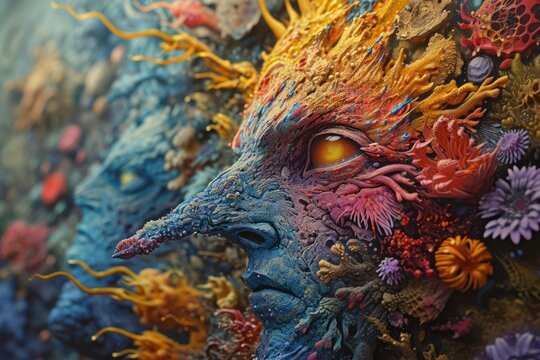 An abstract digital painting of a jinn face colored with paint and in a dreamy colorful world, strange artwork of a goblin with long nose in fantasy universe,AI Generated