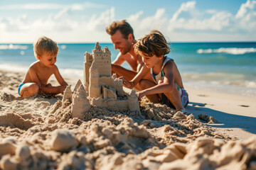 a family buiding sand castle on beach - obrazy, fototapety, plakaty
