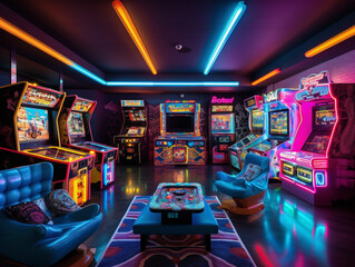 A vintage-themed gaming sanctuary featuring classic arcade cabinets under vibrant neon lights, igniting nostalgic joy.