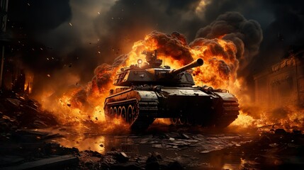 tank on war zone fire and smoke in the desert background