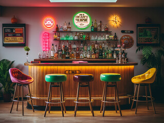 Vintage home bar setup with neon lighting, classic vinyl records, and retro-inspired decor ambiance.