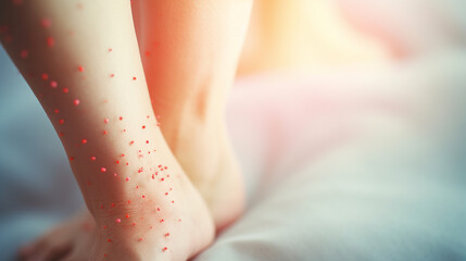 immune allergy on the skin on the leg. red spots on the legs - obrazy, fototapety, plakaty