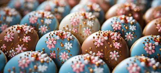 Decorated Easter cookies showcase intricate floral designs in pastel blue and gentle beige.