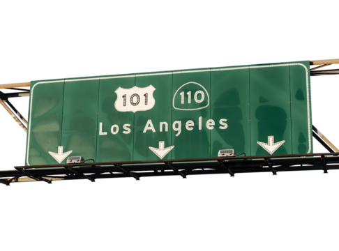 Los Angeles route 101 and 110 freeway arrow sign with cut out background.