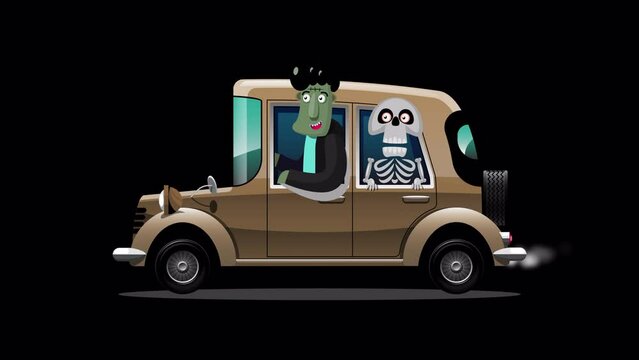 Halloween travel car traveling with two ghost passangers