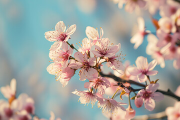 Obraz premium Springtime Bliss: Cherry Blossoms with Bright Blooms Under Light Blue Sky, Space for Text