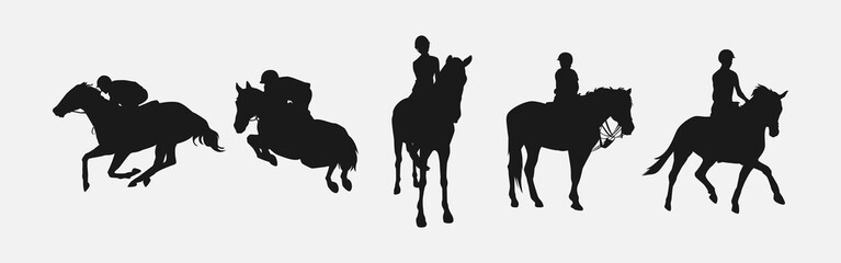 silhouette set of horse and jockey with action, different poses. equestrian sport, dressage, show jumping, horse racing. vector illustration. - obrazy, fototapety, plakaty