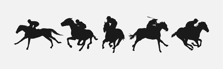 silhouette of horse racing set. sport, competition, rider, jockey, race. isolated on white background. vector illustration. - obrazy, fototapety, plakaty