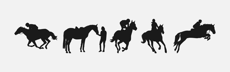 silhouette set of horse and jockey with action, different poses. equestrian sport, dressage, show jumping, horse racing. vector illustration. - obrazy, fototapety, plakaty