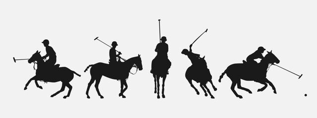 silhouette set of polo player. sport, horse, competition. different action, pose. vector illustration. - obrazy, fototapety, plakaty