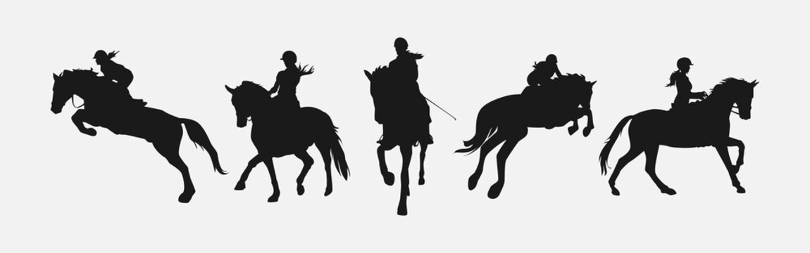 silhouette set of horse and jockey with action, different poses. equestrian sport, dressage, show jumping, horse racing. vector illustration. © Irkhamsterstock
