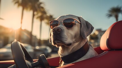 Labrador dog with sunglasses in a car in California - obrazy, fototapety, plakaty