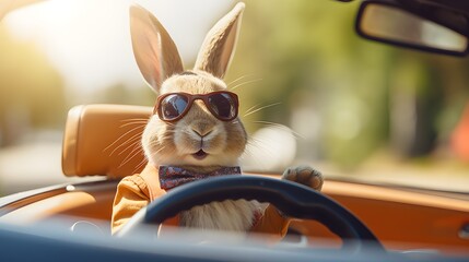 Bunny rabbit in a suit wearing sunglasses shades in California - obrazy, fototapety, plakaty