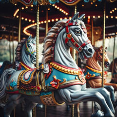 Vintage carousel with colorful lights and horses.