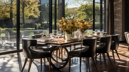 Fototapeta na wymiar Luxurious modern dining room featuring a custom-designed table, designer chairs, and an abundance of natural light