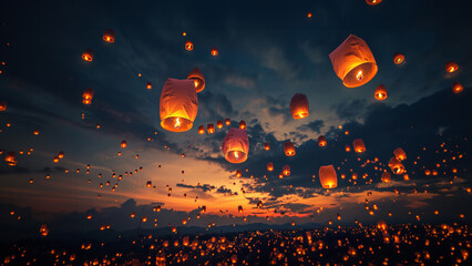 Embark on a magical night journey as Asian people release a hot-air balloon,  traditional paper lantern, illuminating the dark sky with a touch of enchantment. Generative AI.