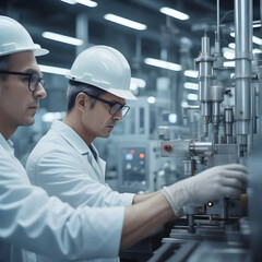 Male professionals operating manufacturing equipment in industry