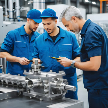 Male professionals operating manufacturing equipment in industry