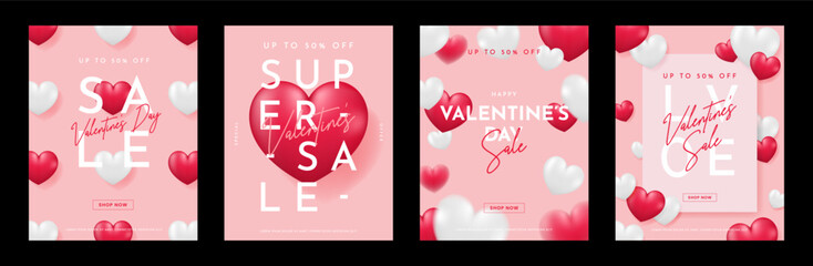 Valentine's day concept poster set. Red, white heart frame background. Copy space. Cute love sale banner template, Voucher, Greeting card. Trendy style. Isolated 3D realistic vector illustration. - 701028701