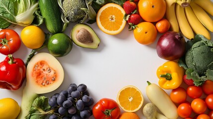 A template of many fruits mixed in different types, apples bananas peppers vegetables tomato kiwi melon berry grape pear avocado lime cucumber pumpkin and mix vitamin foods, AI generated