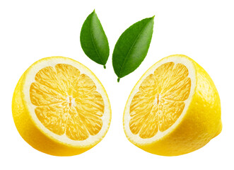 Lemon isolated. Lemon cut into two halves with leaves on a transparent background.