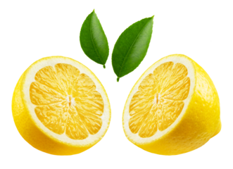 Lemon isolated. Lemon cut into two halves with leaves on a transparent background.