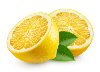 Lemon isolated. Two halves of a ripe lemon with leaves on a transparent background.