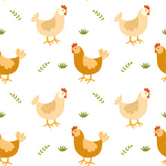 Seamless pattern with chicken, hen. Vector illustration, cartoon, flat style. 