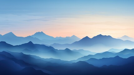 Capturing the essence of a serene dawn, abstract digital landscape presents a range of mountains bathed in the soft light of sunrise, rendered in calming shades of blue and accented by a clear sky