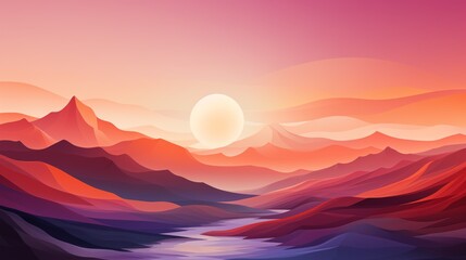 An abstract portrayal of a sunset over mountains, where the warm hues of the setting sun cast a soft glow over the undulating landscape and reflective river.