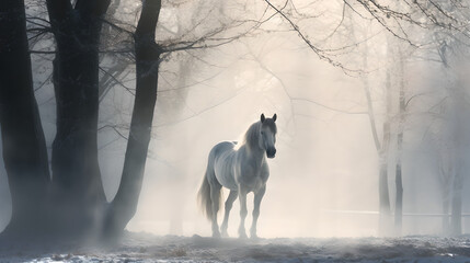 Majestic white horse standing in winter forest glade  - obrazy, fototapety, plakaty
