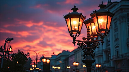 Street lamp post with lights on against vibrant evening red pink sky

