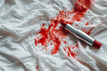 A lipstick on a soft wrinkled bed sheet in white color, red lipstick accidently messed up, dirty bed with bloody stain on it. cosmetics and makeup fashion product, generated by ai.