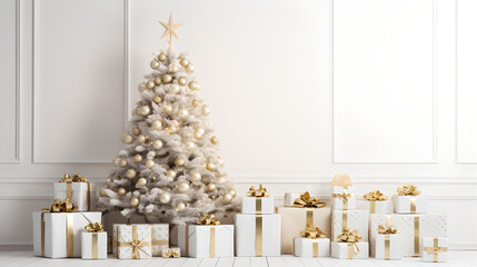 White Christmas tree and gifts in front of a lean white wall 