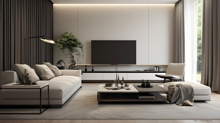 Italian Minimalist Living Room: Elegant Design with TV, Coffee Table, Sofa, Simple Lines, and Sheer Curtains