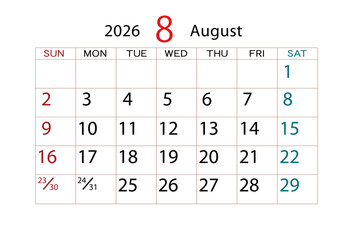 2026年カレンダー8月