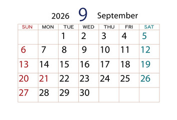 2026年カレンダー9月