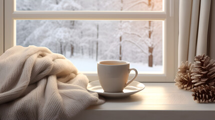 Christmas holiday time: Warm cup of tea with cozy blanket on the window sill watching the snowy...