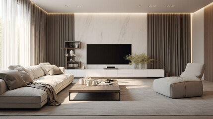 Italian Minimalist Living Room: Elegant Design with TV, Coffee Table, Sofa, Simple Lines, and Sheer Curtains