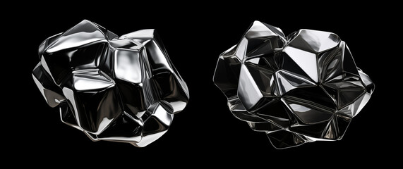 Wrinkled chrome stone shape isolated. Futuristic crumpled aluminium object. Melty silver geometric metallic stone - obrazy, fototapety, plakaty