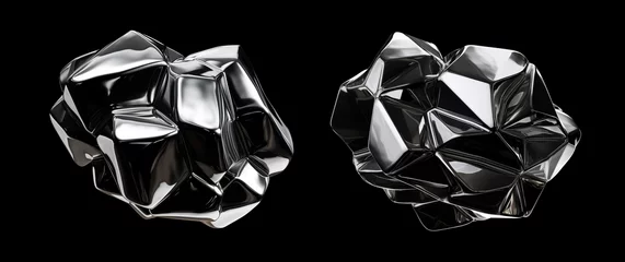 Fotobehang Wrinkled chrome stone shape isolated. Futuristic crumpled aluminium object. Melty silver geometric metallic stone © Pavel