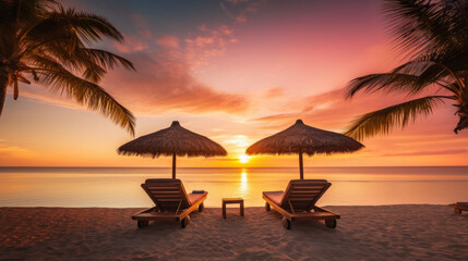 Summer beach landscape. Luxury vacation and holiday concept, summer travel banner. Panoramic landscape of sunset beach, two loungers umbrella, palm leaf, colorful sunset sky for paradise island view.