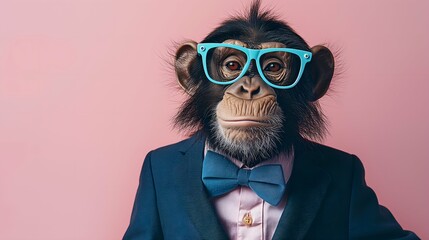 Monkey in a suit and blue glasses on a pink background.