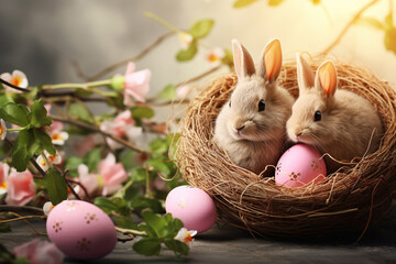 Easter bunnies hidden in a basket with Easter eggs. Happy Easter.
