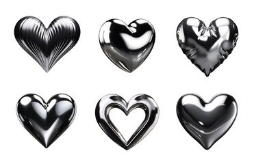 Melty chrome heart icons isolated. Melted metal hearts png with reflections. Ai generated - obrazy, fototapety, plakaty